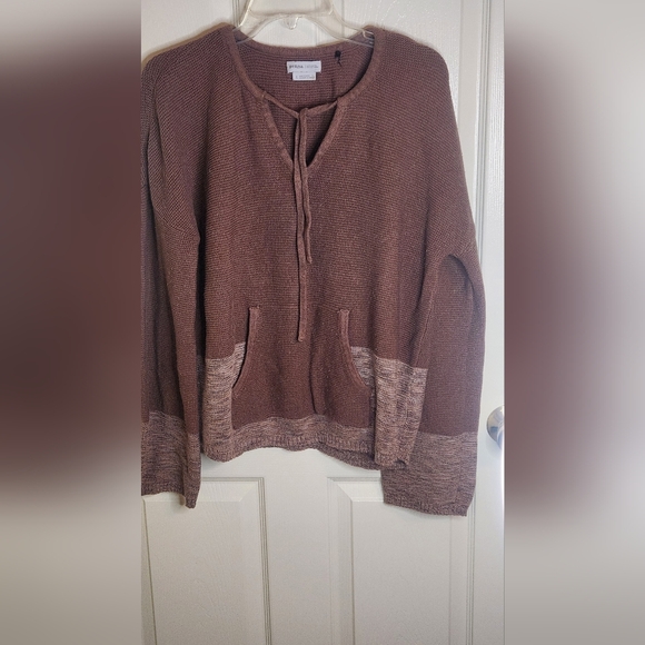 PrAna L Brown Crystal Beach Boho Bell Sleeve V-neck Knit Pocket Women's Sweater - Picture 3 of 12